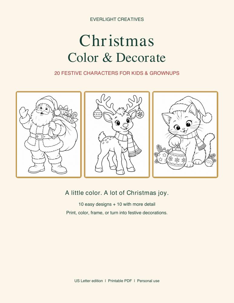 Christmas Color and Decorate cover showing Santa, reindeer and a festive kitten
