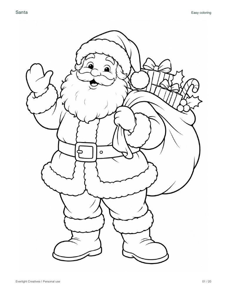 Santa coloring page with bold black outlines