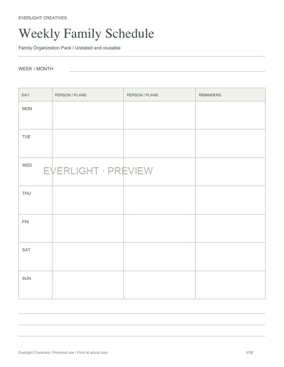 First page preview of Family Organization Pack