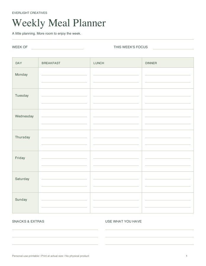 Preview of Free Weekly Meal Planner Page