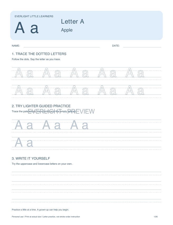 Letter A worksheet showing dotted tracing, pale guided letters and independent writing lines