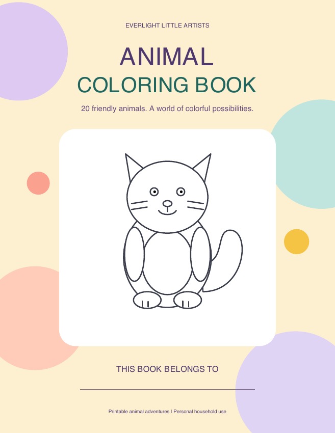 Pastel animal coloring book cover with a friendly cat