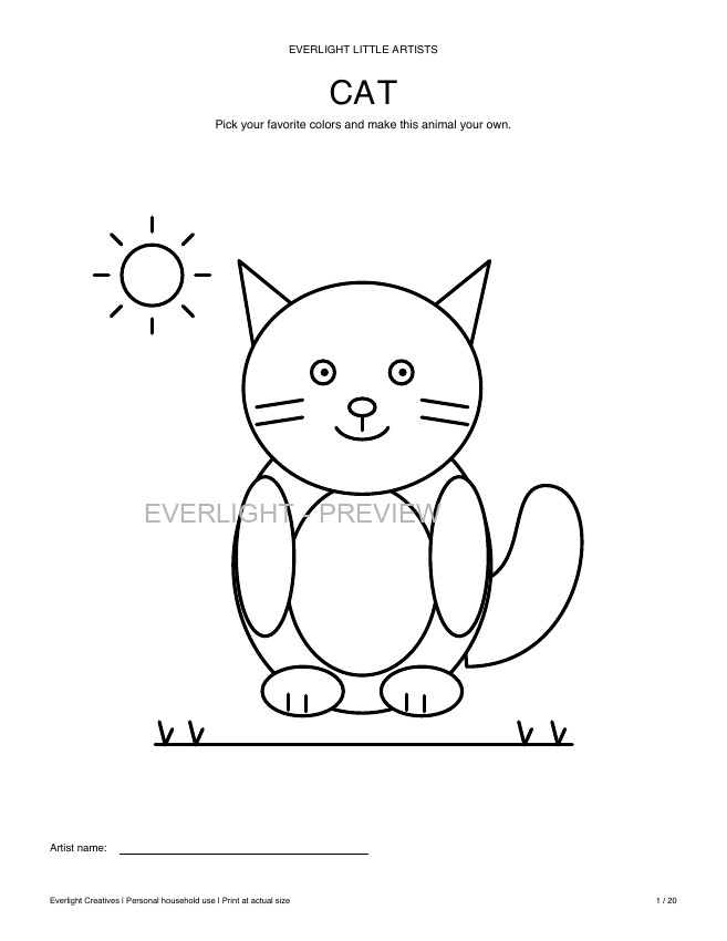 First coloring page: a cat with bold outlines, large coloring areas and an artist name line