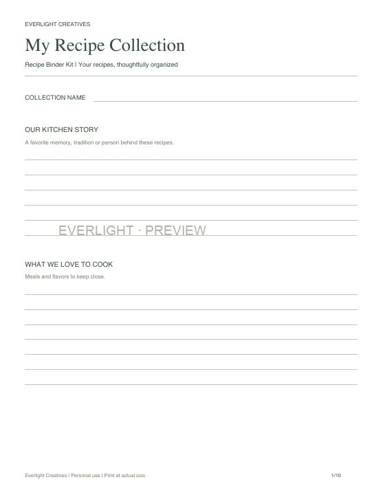 First page preview of Recipe Binder Kit