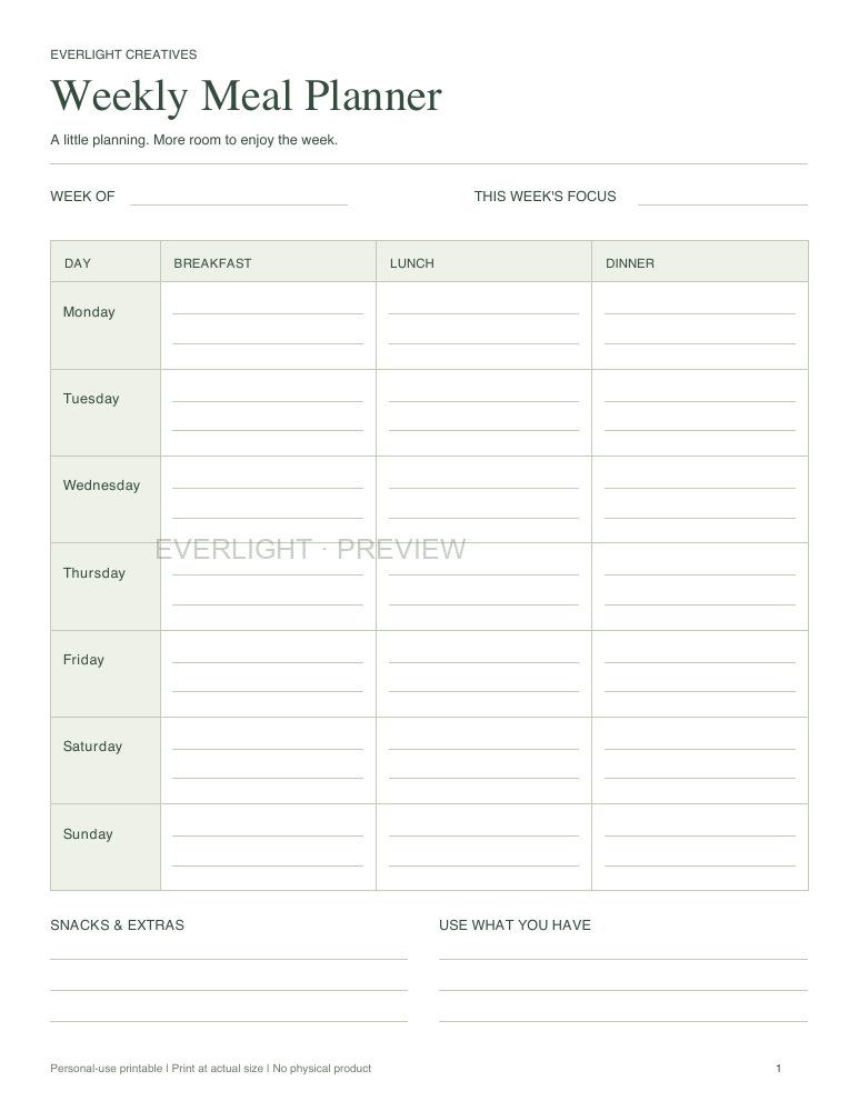 First page preview of Weekly Meal Planner